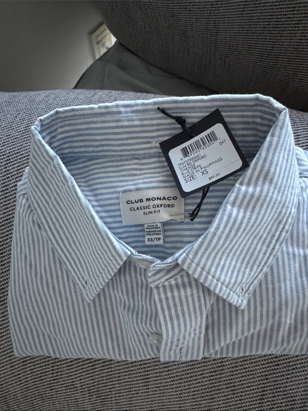 Club Monaco Blue and White Striped Oxford Button-Down Shirt